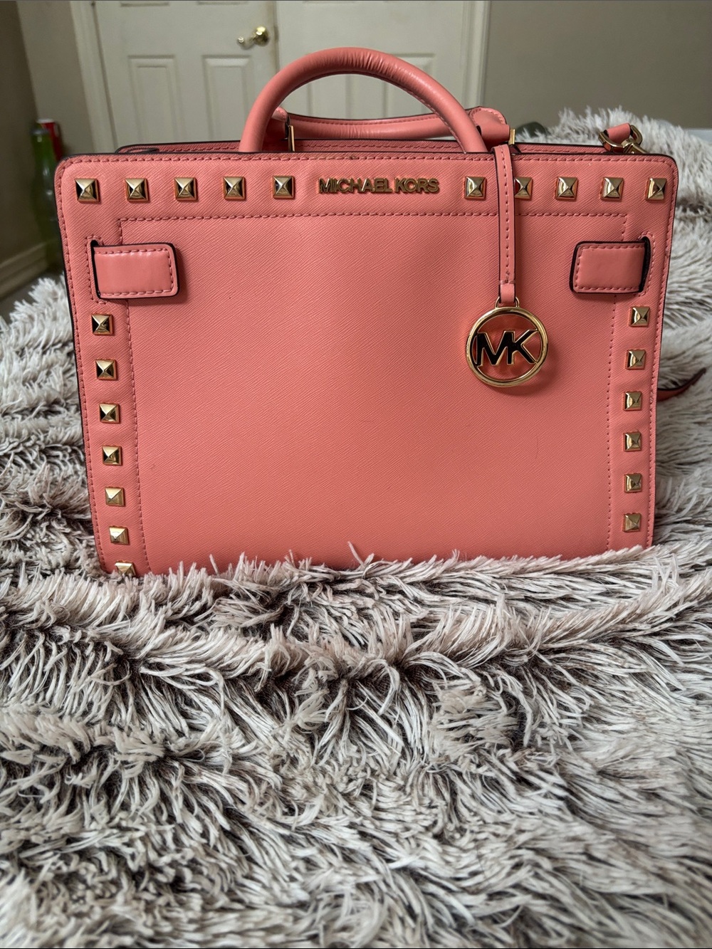 Michael Kors Coral Studded Leather Satchel with Strap